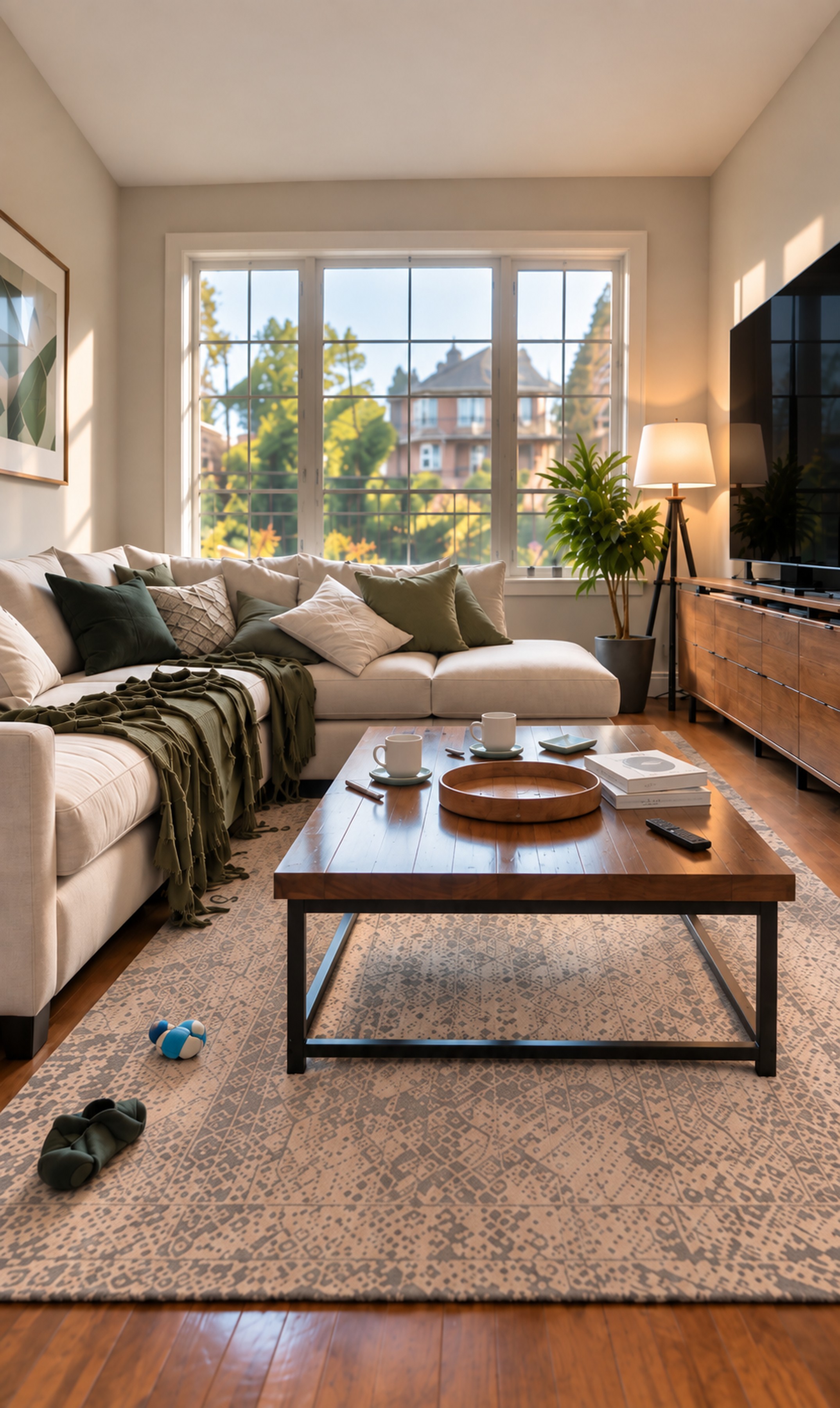 A lived-in living room: a green throw draped across a cream sectional, two mugs, books and a TV remote on the wooden coffee table, and a slipper and a dog toy on the patterned rug.