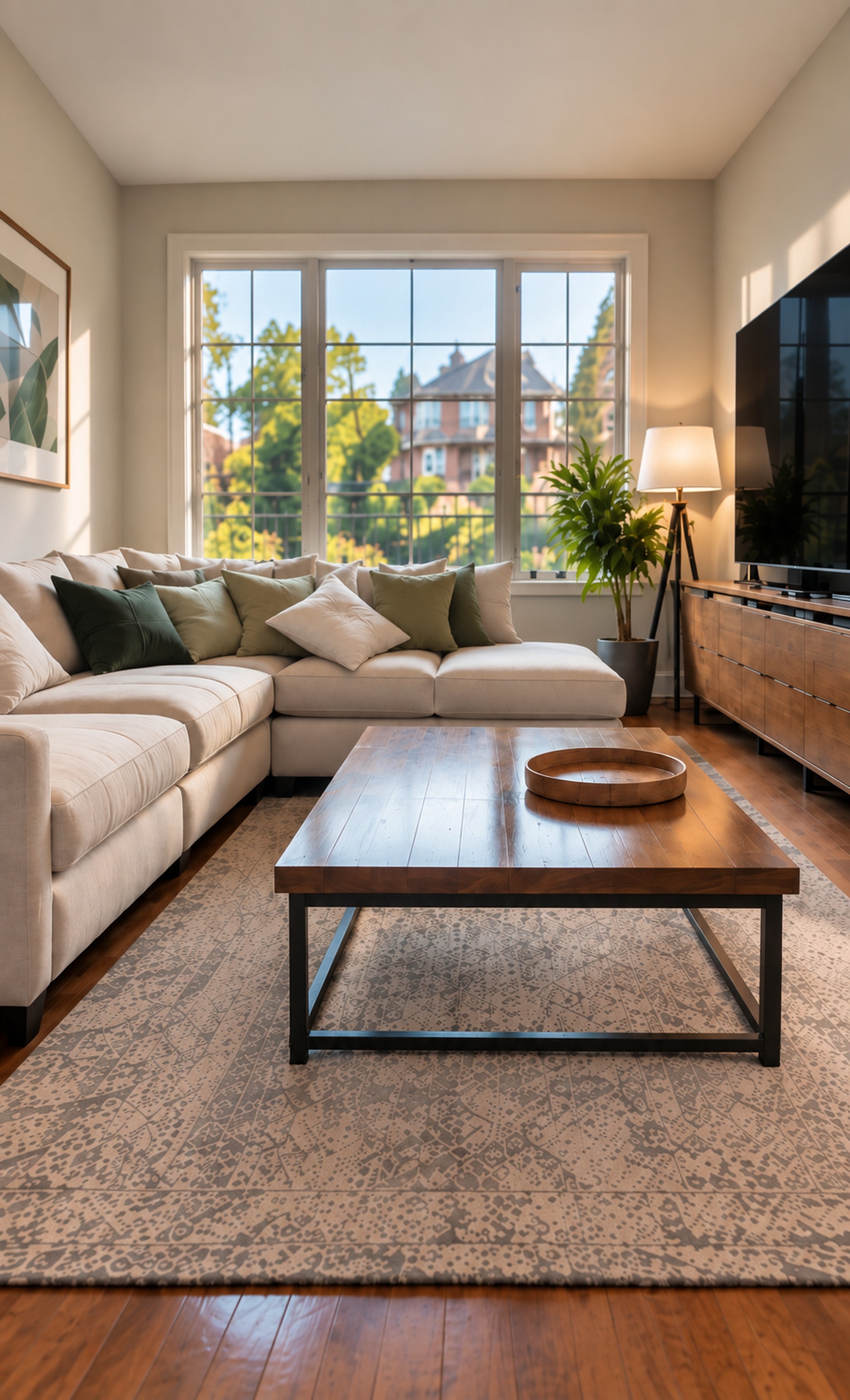 The same living room with its surfaces cleared: the throw, mugs and books are gone, the rug is clear, and a round wooden tray sits off to one side of the coffee table.