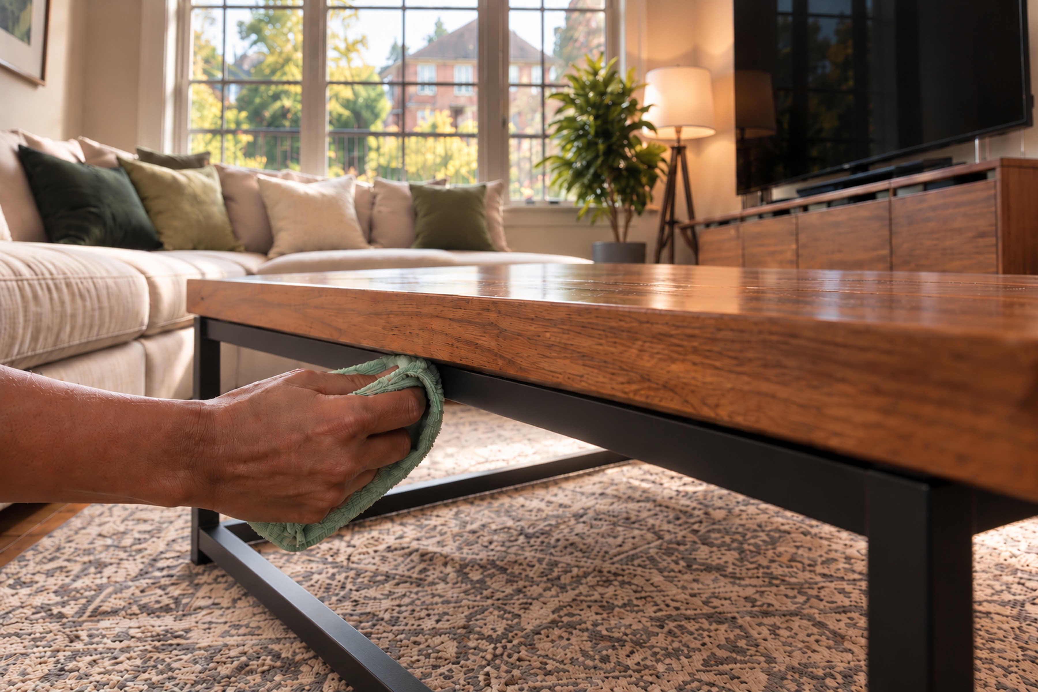 Close view of a hand wiping the underside edge of the wooden coffee table with a sage-green cloth, where the tabletop meets its black metal frame.